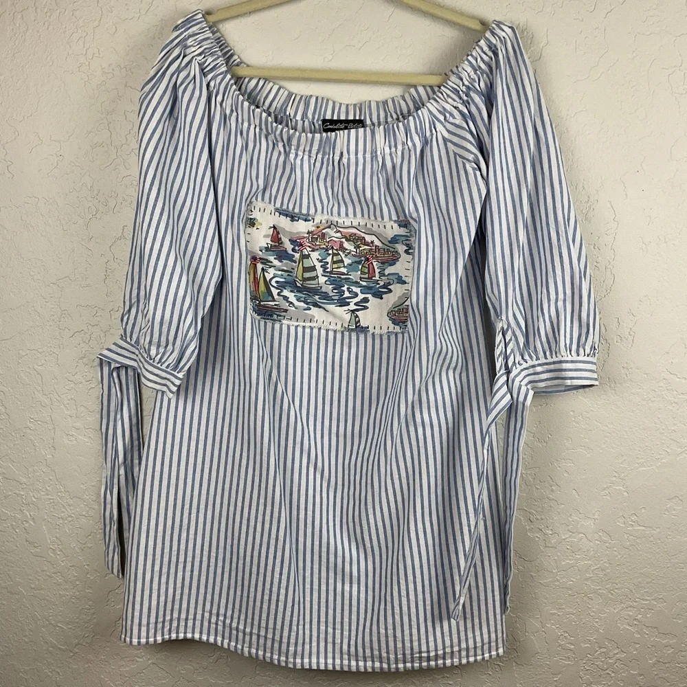 Candalite Petite Striped Off-Shoulder Tunic Top Nautical Print Tie Sleeve Sz XLP - Picture 2 of 6